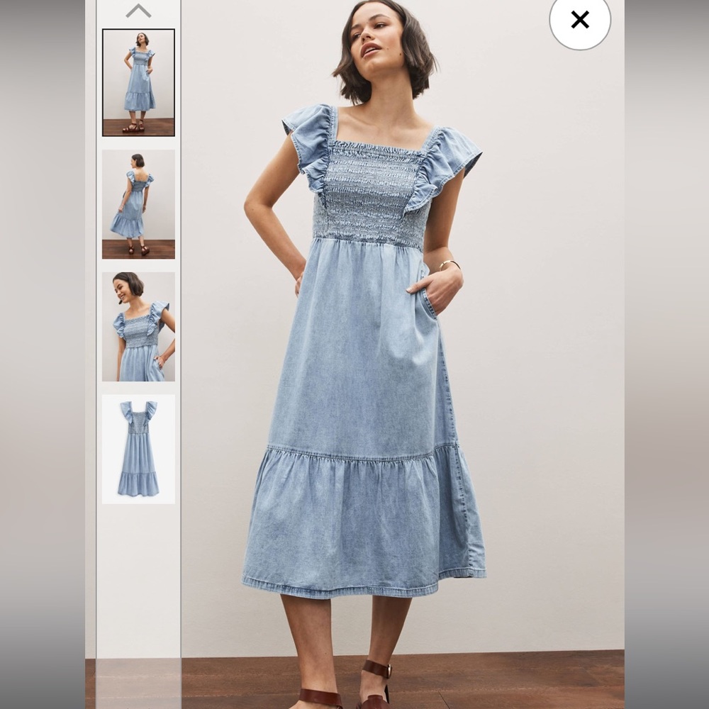 Gap Cotton Denim Ruffle Sleeve Smocked Midi Dress